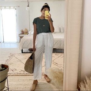 Quince Cream Cropped Women's Linen Pants, Pockets, Lightweight, Coastal S